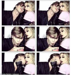 a collage of photos of two people kissing each other and one holding a cell phone to her ear