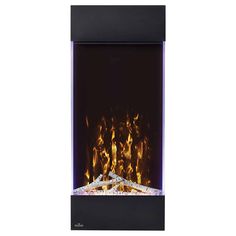 an electric fireplace with flames on the side and black frame, in front of a white background