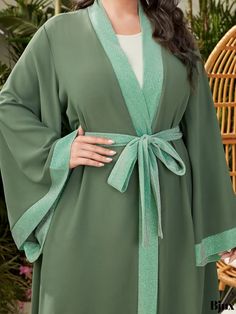 Bjux - Introducing our latest addition to the womens plus size fashion line: A Casual and Fashionable Abaya Robe. Featuring a Contrast Trim and Long Sleeves, this Open Front Loose Belted Kaftan Robe is a must-have for the fashion-forward woman looking for comfortable yet stylish attire. Green Abaya For Eid, Long Abaya For Eid, Womens Plus Size Fashion, Woman Looking, Fashion Line, Contrast Trim, Front Open, Types Of Printing, Plus Size Fashion