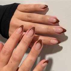 Ready to make a statement? These bold and vibrant Fall nail colors will definitely turn heads. Which one would you try? 💅💥 #BoldNails #VibrantColors #FallManicure #NailPolish #NailSwatches #NailGoals #NailInspo #NailTrends #NailObsessed #NailAddict #NailFie #NailEnvy Autumn Nails Brown French, Brown French Tip Almond Acrylic Nails, Brown French Tip Nails Almond Chrome, Autumn French Tip Nails Almond, French Tip Nail Color, Brown Nail Art Ideas, French Tip Nails With Brown, Brown French Tips Almond, Brown Almond French Tip Nails