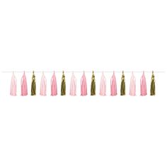 a pink and gold tasselled garland hanging from a string on a white background