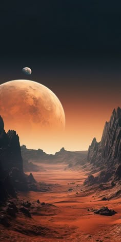 an artist's rendering of two distant planets in the distance, with mountains and rocky terrains