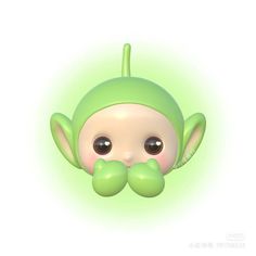 a close up of a green toy with big eyes and a mustache on it's head