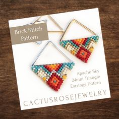 the earrings are made with multicolored seed beading and triangle shaped hoops