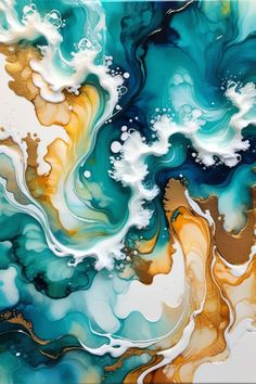 an abstract painting with blue, yellow and white paint on it's surface is featured in this image