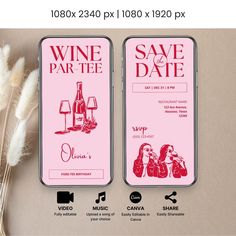 two cell phones with wine labels on them next to some dry grass and pamy plants