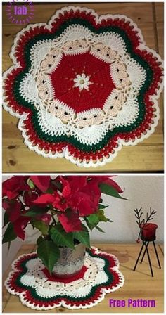 crocheted pot holder with poinsettia in the center and free pattern