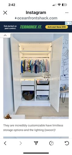 an instagram page showing the inside of a closet