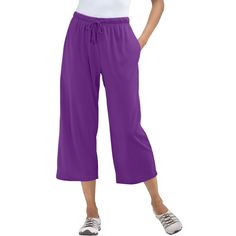 These knit capri pants are soft, stretchy and hit comfortably at the mid calf. An elastic waistband with adjustable drawstring gives a custom fit every time, and handy side pockets hold your small essentials. A great relaxed pair of capris that go effortlessly from hanging around the house to running errands. Tapered Joggers, Wide Leg Palazzo Pants, Cropped Wide Leg Pants, Seersucker Pants, Casual Wide Leg Pants, Purple Orchids, Bootcut Pants, Woman Within, Straight Trousers