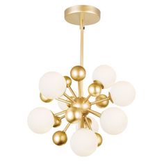 an image of a chandelier with white and gold balls hanging from the ceiling