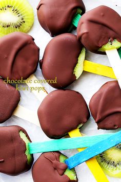 chocolate covered kiwi pop treats on a plate