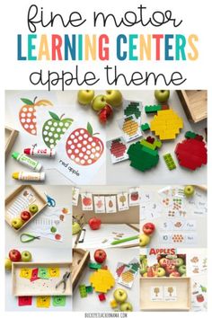 an apple theme with the words fine motor learning centers and apples on it, surrounded by pictures