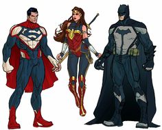 three superheros standing next to each other in different outfits and costumes, one is wearing a cape