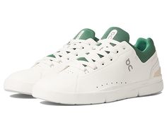 On The Roger Advantage - Men's Shoes : White/Green : The third tennis-inspired sneaker to join the On collection co-created with Roger Federer . With its clean lines and minimal stitching, the On The Roger Advantage sneaker demands to be added to your style rotation. Designed to add a stylish contemporary finish to any ensemble. Engineered for long-lasting cushion and comfort. Approved by the Swiss-Maestro himself. A refreshing aesthetic with athletic accents makes The Roger Advantage that essen Spring Functional Sneakers With Boost Midsole, White Functional Sneakers For Spring, Casual Athletic Fit Sneakers, Refreshing Aesthetic, White Shoes Men, Roger Federer, Shoes White, White Shoes, White Green