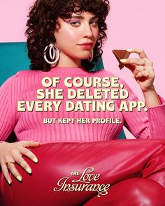 a woman sitting in a chair holding a piece of chocolate with the caption of course she deleted every dating app but kept her profile