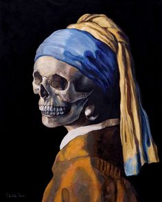 a painting of a skull with a blue bandana on it's head is shown