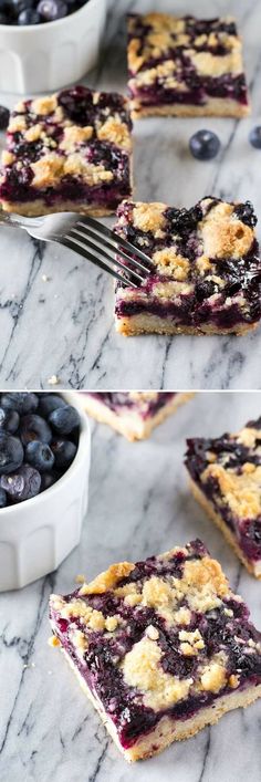 blueberry crumb bars are cut into squares and placed on a marble counter top