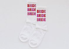 bride socks, bridesmaid, custom crew socks, wedding socks, wedding favors, custom socks, calf socks, crew socks, custom, white socks, brde ✨free shipping on US orders over $50 with code FREESHIP50 at checkout✨ Details - - polyester blend - one size fits most Colors may slightly vary due to different screen settings. Shipping - - in a rush? message us! - please verify delivery address at checkout, seller is not responsible for packages shipped to former or invalid addresses. - seller is not respo Bride Socks, Bridesmaid Socks, Wedding Socks, Wedding Robe, Custom Socks, White Socks, Calf Socks, Sustainable Brand, White Sock