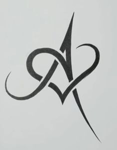 the letter k is drawn in black ink on a white paper with an artistic design