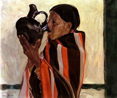 a painting of a man drinking from a jug