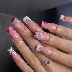 Pink Freestyle Nails, Basic Pink Nails, Purple Nails With Flowers, Cute Pink Nail Ideas, 2000s Nails Acrylic, Pink Nail Ideas, Wow Nails