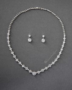 CZ Tennis Necklace and Earring Set Bridal Necklace Silver, White Gold Set Jewelry, Diamond Set Bridal, Silver Earrings And Necklace Set, Bride Tennis Necklace, Wedding Necklaces For Bride Simple, Silver Diamond Jewelry Set, Silver Diamond Necklace Set, Elegant Wedding Jewelry Brides