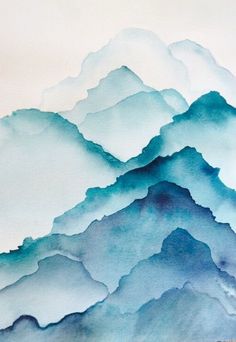 a watercolor painting of blue mountains with white clouds