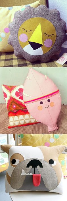 three pillows with different designs on them, one has a face and the other has a nose