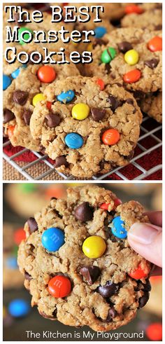 cookies with m & m's on top and the words, the best monster cookies