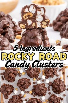 chocolate covered rocky road candy clusters with white and gold sprinkles on top