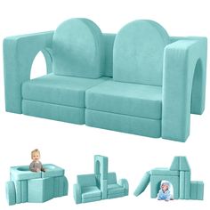 a baby sitting on top of a blue couch next to other furniture pieces and toys