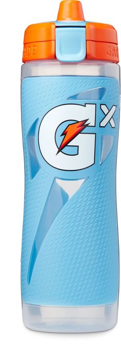 the gatorade water bottle is blue and orange