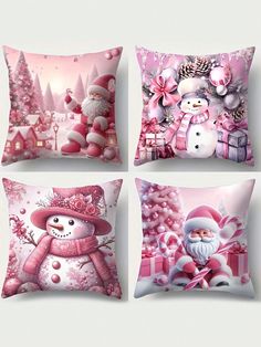 four pillows with christmas decorations on them and santa claus, snowman, and tree