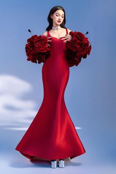 Flowers Gown Dress, Dresses For Gala Events, Red Gala Dresses, Flower Gown, Applique Flower, Mean Blvd, Floor Length Dress, Gowns Of Elegance, Lace Midi