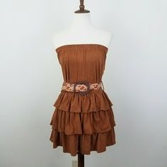 Margret By Be Cool Boho Strapless Dress With 3 Tiered Ruffles. Extremely Soft Faux Suede. Camel Color. Woven Belt Included! Great For Fall! Never Worn! New Without Tags. Size Medium Strapless Brown Mini Dress For Summer, Fitted Brown Strapless Dress For Summer, Strapless Brown Mini Dress For Date Night, Brown Strapless Mini Dress For Date Night, Woven Belt, Be Cool, Camel Color, Faux Suede, Strapless Top