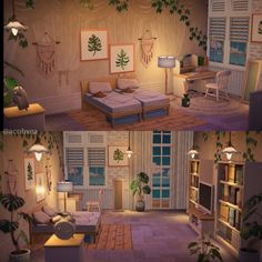 an animated view of a bedroom and living room with plants growing on the walls, windows, and floor