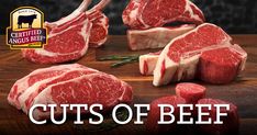 cuts of beef on a cutting board with the caption cut of beef