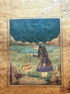 an old painting with a woman holding a lamb in it's hand and looking at the ground