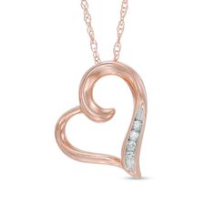 Bright and sparkling, this delightful diamond-accented heart pendant is a thoughtful say to say, "I love you." Expertly crafted in precious 10K rose gold, this gracefully swirling heart is adorned with a quartet of shimmering diamond accents along one side. A meaningful gift of truest love, this heart suspends slightly askew along an 18.0- inch rope chain that secures with a spring-ring clasp. Rose Gold Diamond Heart Pendant Necklace, Rose Gold Heart Necklace With Diamond Accents, Rose Gold Diamond Heart Necklace With Charm, Rose Gold Diamond Open Heart Necklace, Rose Gold Open Heart Diamond Necklace, Simple Heart Outline, Say I Love You, Diamond Heart, Rope Chain