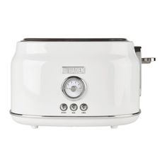 a white toaster sitting on top of a white counter next to a black handle