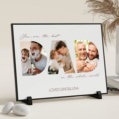 a white photo frame with four different photos and the words love is in the middle