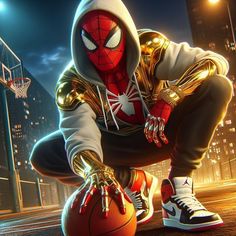 a man in a spider - man suit crouching next to a basketball