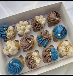 twelve cupcakes in a white box with blue and brown frosting on them