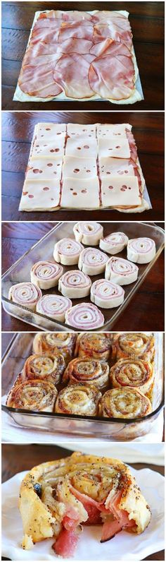 several different types of pastries and desserts in pans, including ham rolls