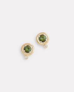 18K Yellow and White Gold Round Stud with Green Tourmaline and Diamonds, .06 TCW1/2 Inch Long x 3/8 Inch Wide Style# YEWRSGTW Formal Yellow Gold Tourmaline Jewelry, Yellow Gold Round Tourmaline Jewelry, Yellow Gold Tourmaline Gemstones With Accents, Diamond Charm, Green Tourmaline, Dream Jewelry, Diamond Studs, Ring Necklace, Perfect Pair