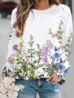 White Casual Graphic Tops Round Neck Long Sleeve Floral Printed Sweatshirts Fashion Hoodies, Graphic Tops, Sweatshirts Online, Long Sleeve Sweatshirt, Women Hoodies Sweatshirts, White Casual, Printed Sweatshirts, Long Sleeve Sweatshirts, Sweatshirt Fashion