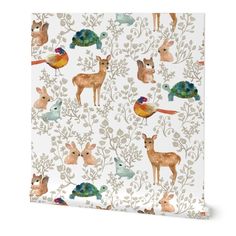 an animal themed wallpaper with deer, birds and turtle on it's back