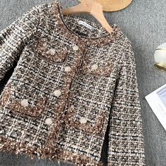 Fabric: Blended Size: m, l Color: Coffee Size: m length 48 sleeve length 55 bust 90 waist 84 L length 49 sleeve length 56 bust 94 waist 88 Chanel Jacket Outfit, Chanel 5, Beautiful Boho Dresses, Mode Mantel, Chanel Style, Chanel Design, Color Coffee