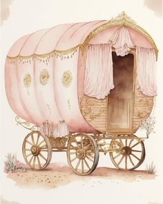 a drawing of a horse drawn carriage with pink curtains