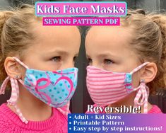 2-layer Fabric Face Mask Sewing Pattern Instructions.  This is an instant PDF digital download for how to make your own face mask using 2 layers of fabric.  This face mask sewing pattern tutorial, includes step-by-step instructions on how to make your own face mask.   3 sizes included in the pattern (2-6 years old, 7-12 years old, Teen/Adult size).   Also included: instructions for many different ways of tying and fastening the face mask; elastic cord, hair elastic, how to make fabric ties, and Masks Pattern, Kids Masks, Mask Patterns, Animal Face Mask, Sewing Creations, Mask Designs, Face Mask Pattern, Face Mask Tutorial, Easy Face Mask Diy